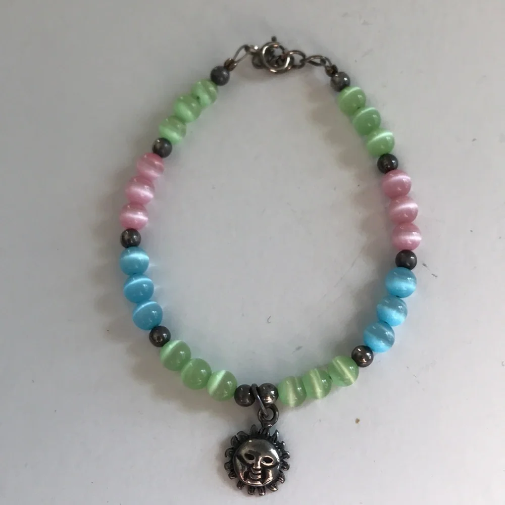 Little girl cat eye bracelet sterling silver sun adjustable clasp handmade VTG